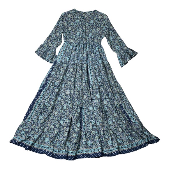 Anthropologie Boemo Maxi Dress L women Blue L Ruffle Tiered lace up boho Floral - Picture 3 of 14